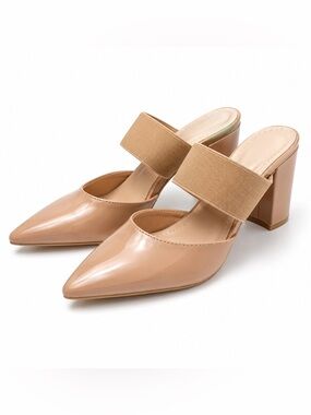 Nude Patent Block Heel Pumps Pointed Toe Elastic Strap Heels Women’s 38 Neutral